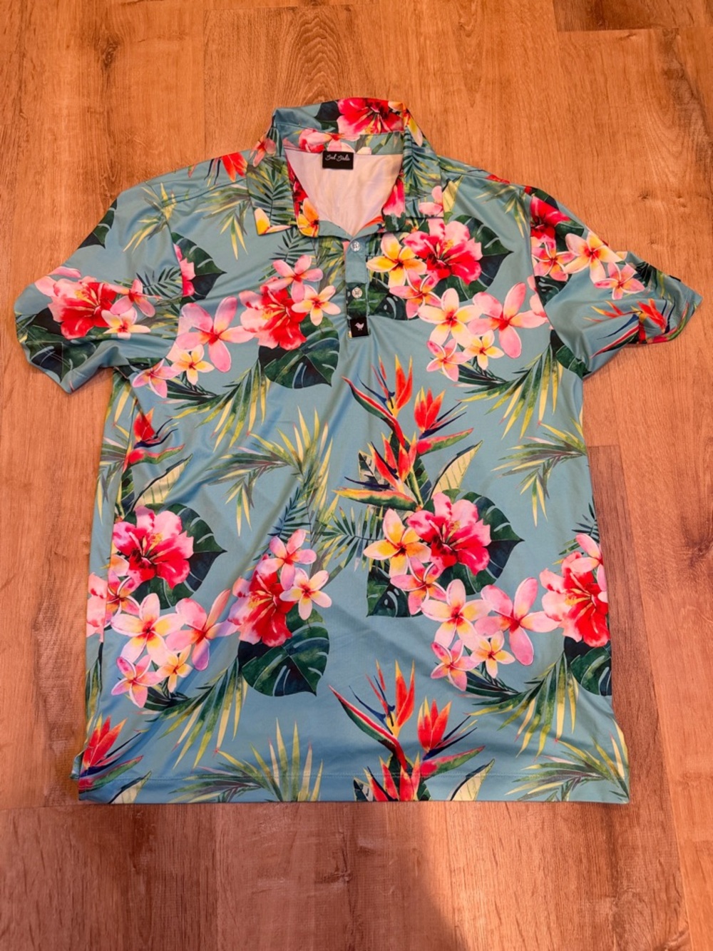 Men's Bad Birdie Tropical Floral Polo Shirt - Blue with Pink & Red Flowers